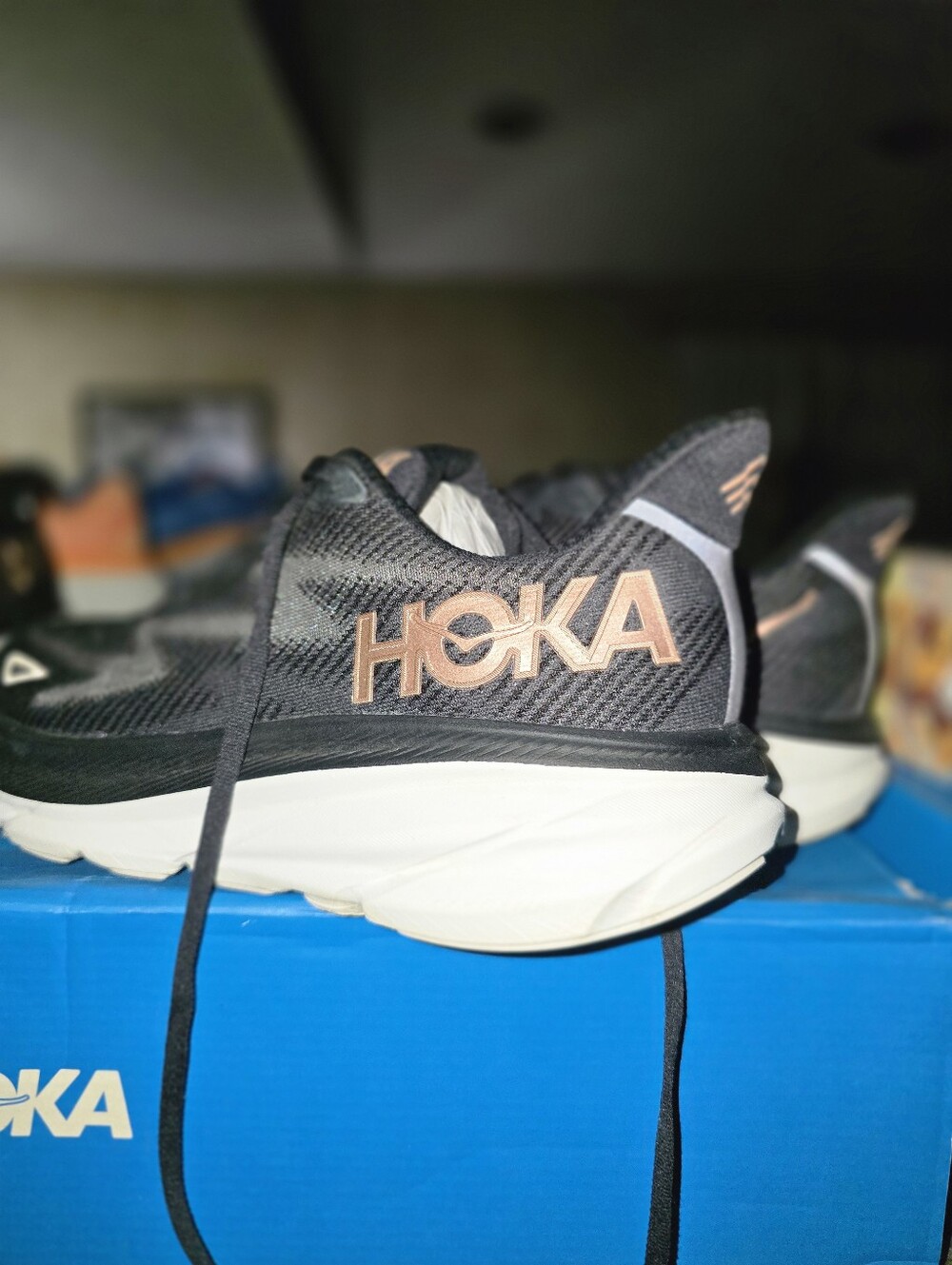 HOKA Clifton 9 Black/Rose Gold Running Shoes.  Great Condition With Box. Sz 8.5